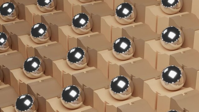 Metallic balls climbing a mechanical stairs. Satisfying 3d animation.
