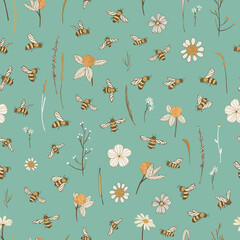 bees and flowers vector seamless pattern - 506711604