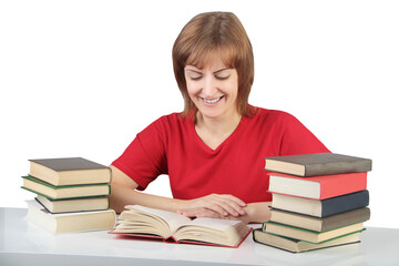portrait of beautiful student girl sitting among the books