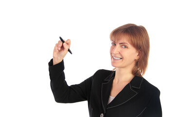 Woman in office suit writing with marker on screen or board