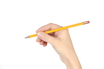 Woman hand holding yellow pencil isolated on white background