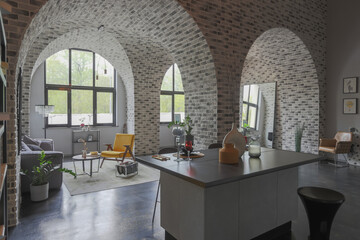 modern luxury design of a brutal apartment interior with arches in the style of a medieval castle with bright accents. free layout, kitchen area, seating and eating area.