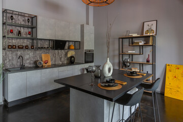 modern luxury design of a brutal apartment interior with arches in the style of a medieval castle with bright accents. a stylish gray kitchen area with an island for cooking or spending time
