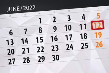 Calendar planner for the month june 2022, deadline day, 12, sunday