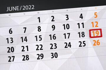 Fototapeta premium Calendar planner for the month june 2022, deadline day, 19, sunday