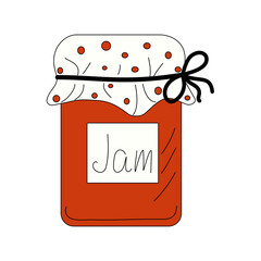 Jam jar, icon, fruits and berries doodle. Natural product . Healthy food, sweet dessert. Vector illustration. Isolated background.