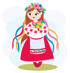 Ukrainian girl in national dress . A woman in traditional costume. Travel to Ukraine.	
