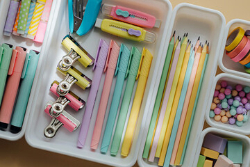 Stylish colored stationery in pastel colors is arranged in white organizers. Creative Drawer Organizing. Storage office supplies. Concept back to school.