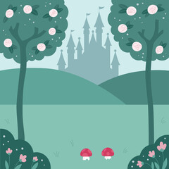 Fantasy forest landscape with castle silhouette. Hand drawn roses. Background for fairy tale. Cartoon flat style vector illustration.