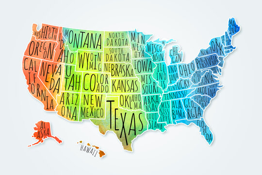 Multicolored watercolor USA map with borders of the states and names on gray background