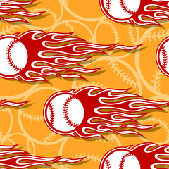 Seamless pattern with baseball softball ball symbol and hot rod flame. Vector illustration. Ideal for wallpaper packaging fabric textile wrapping paper design and any decoration.