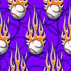 Baseball softball ball seamless pattern with hotrod flame. Printable vector illustration. Ideal for wallpaper packaging fabric textile wrapping paper design and any decoration.
