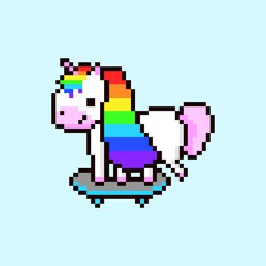 Pixel unicorn on skateboard. Cute mythical animal with rainbow mane rides around happily. Cartoon cheerful character for childrens screensavers and 8bit vector games