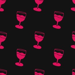 Wine glass seamless pattern, pink and black background, flat style