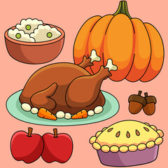 Thanksgiving Feast Colored Cartoon Illustration