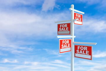 For Sale Real Estate Signs over Clouds and Blue Sky with Sun Rays. 3d Rendering