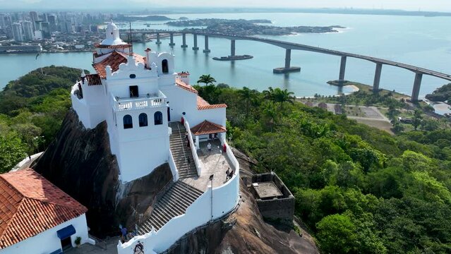 Aerial landscape of famous Penha Convent Church postcard of Vila Velha Vitoria state of Espirito Santo Brazil. Postcard scenery of Vitoria Espirito Santo. Aerial church religion scenery.