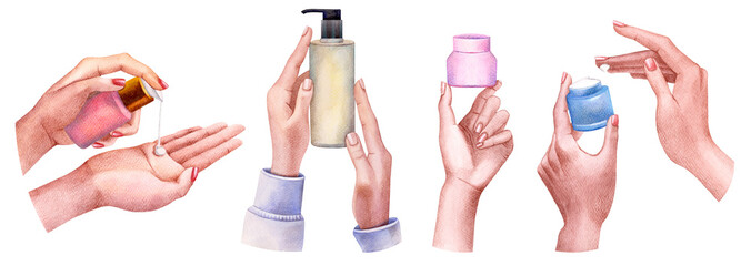Watercolor set with the image of hands. Home care. Hand-drawn illustration for cosmetics, shop, spa and beauty salon, organic health products