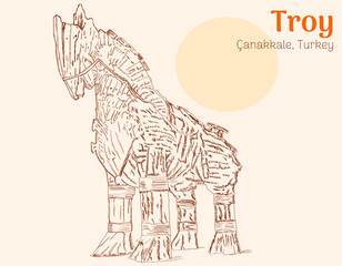 Wooden Trojan Horse Drifting on a Plinth Hand Drawn Sketch Illustration