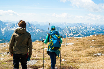 Hiker on mountain. Hochschwab Mountains. The mountain range is located in the eastern part of the...