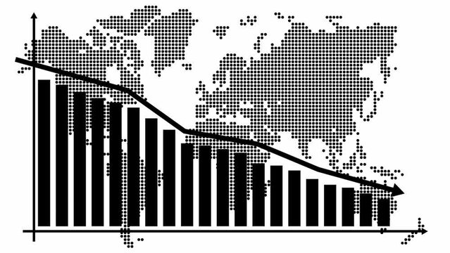 Animated black chart of financial decline with a trend line chart. Recession global economic. Economic crisis, recession, decrease graph. World map with bar chart. Profit down. Looped video. Vector il