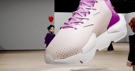 People playing as avatars in virtual reality metaverse shop, discussing new sneaker model during the presentation. Fashion retail concept, sport gamification. Generic 3d rendering - Powered by Adobe