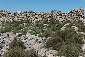 Fototapeta na wymiar Wanderung auf Mallorca durch das Tramuntana Gebirge auf dem Fernwanderweg GR 221 Ruta de Pedra en Sec von Soller nach Lluc. Hier eine typische Trockenmauer.