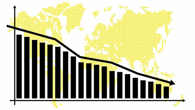 Animated yellow chart of financial decline with a trend line chart. Recession global economic. Economic crisis, recession, decrease graph. World map with bar chart. Profit down. Looped video. Vector i