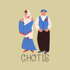 Madrid dance chotis. Man and woman in traditional Spanish dance costumes. Typical for the festival of San Isidro (Spanish: Fiestas de San Isidro). Vector illustration.
