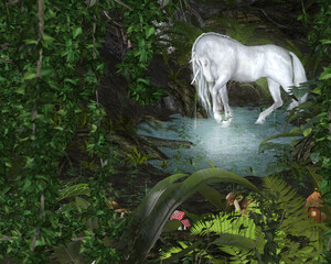 Obraz na płótnie Canvas An enchanted forest with a glowing white unicorn.