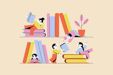 Book exchange, bookcrossing by young students illustration. Literary club concept between friends. Vector flat isolated design of bookstore shelf. Readers exchange literature. 