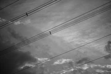 Fototapeta premium elektrische, leitung, transport, hochspannung, höchstspannung, kabel, draht, seile, leiterseile, hängend, bahn, seilbahn, infrastruktur, anlage, detail, himmel, abliefern, mast, kraft, elektrizität, b