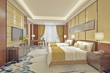 3d render. Modern hotel bedroom interior.
