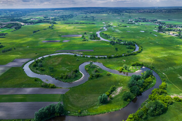 Curvy Nida River in Poland, Drone View at Spring Season