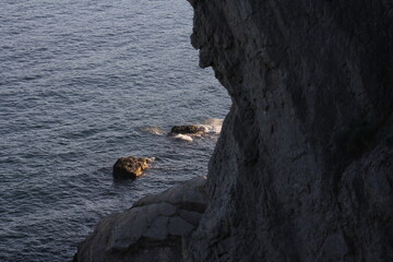 Rocks and sea on the coast of the New World in Crimea. Trail of Prince Golitsyn