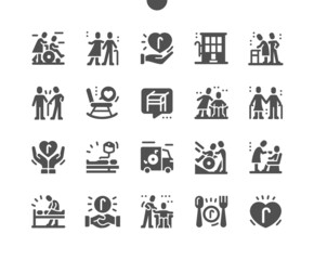 Elderly services. Support. Assistance with disability. Pensioner, aged, clinic and disabled. Health care, medical and medicine. Vector Solid Icons. Simple Pictogram