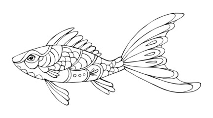 Vector Illustration of hand drawn fish. Black and white vector illustration for coloring book. Beautiful drawings with patterns and small details.