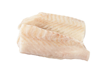 Frozen fish two pieces isolated on white. Cod fish back meat.