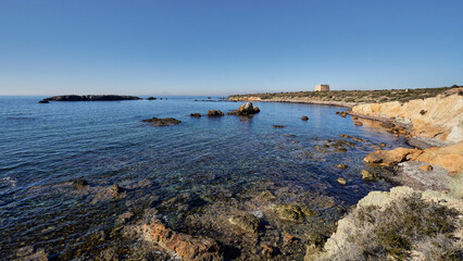 Fototapeta na wymiar Panoramic of the tabarca island with tower at background. Alican
