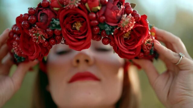 Ukrainian woman puts on head wreath from red flowers and viburnum. She admires her traditional head decoration. 
