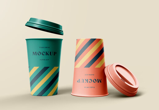 Paper Coffee Cups Mockup with Lids for Branding Presentation and Takeaway Beverage Packaging Display