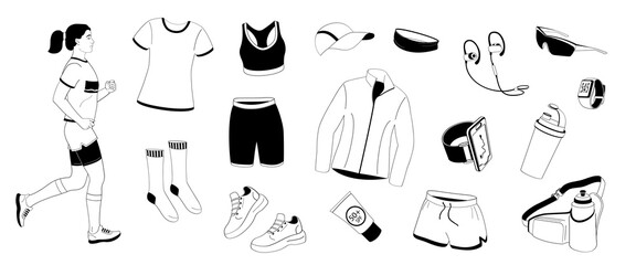Women running and set elements about jogging in summer time, sportswear, stopwatch, sneakers, tracker, water bottle, headphones, sunglasses, cap, sunscreen.Black outline on white background vector 