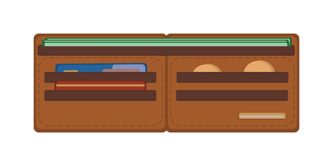 Open leather Wallet Isolated with credit card on White in flat style. Vector image.