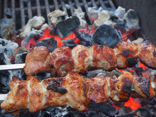 Picnic, shashlik on skewers is prepared on the grill over the coals, cooking natural food.
