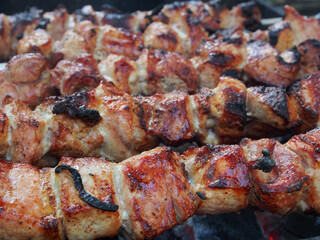Picnic, shashlik on skewers is prepared on the grill over the coals, cooking natural food.