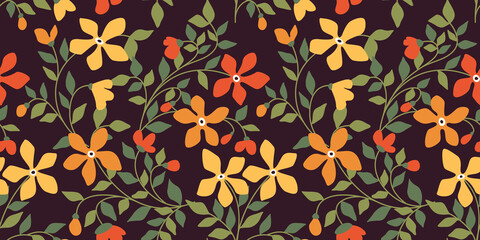 Seamless pattern with autumn botanical composition on a dark background. Vintage floral print with rustic plant bush, small yellow flowers, leaves on branches. Vector illustration.