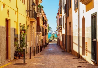 Zelfklevend Fotobehang Oude straat in Palma de Mallorca met uitzicht op de zee © Nataliya Schmidt