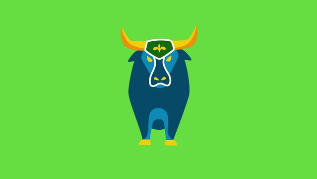 4k video of cartoon blue bull on green background.