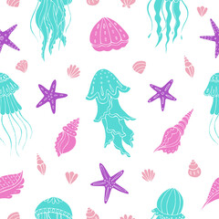 Seamless vector pattern with sketch of jellyfish, sea stars and seashells. Sea seamless vector pattern. Decoration print for wrapping, wallpaper, fabric. 