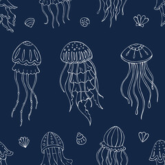 Seamless vector pattern with sketch of jellyfish and sea shells. Sea seamless vector pattern. Decoration print for wrapping, wallpaper, fabric.  © Anna Sobol